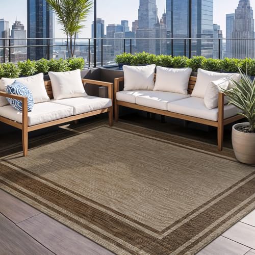 Large Outdoor Rug 9x12 Modern Bordered Area Rugs for Indoor and Outdoor Patio Deck Porch Garden Waterproof Weather Sun Resistant Washable Outside Carpet (108 Sq Ft)