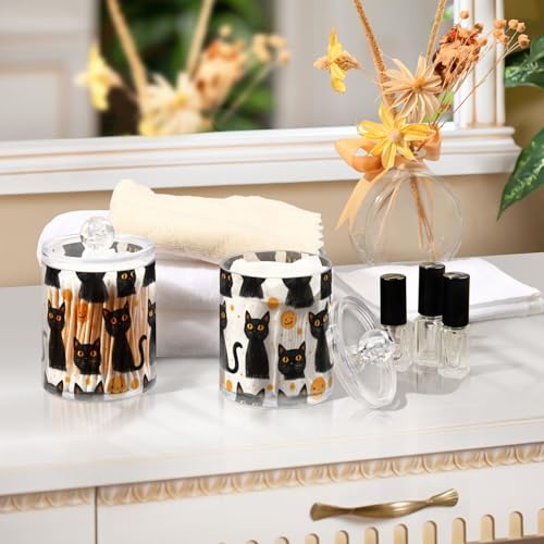 2 Pack Qtip Holder Organizer Dispenser Black Cats Halloween Bathroom Storage Canister Cotton Ball Holder Container for Cotton Pads (2 Count)