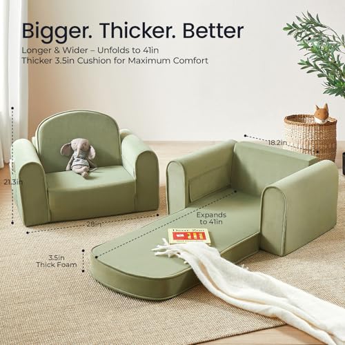 2-in-1 Foldable Kids Couch with Pocket Soft Thick Toddler Sofa