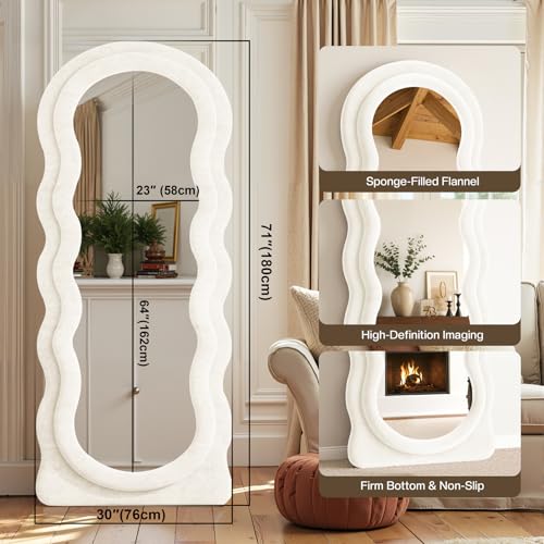 Full Length Mirror 71"x30" Arched Wavy Full Body Wall Mounted Floor Mirror Ivory Flannel Frame Leaning Hanging Wall Mirror for Bedroom Entrance