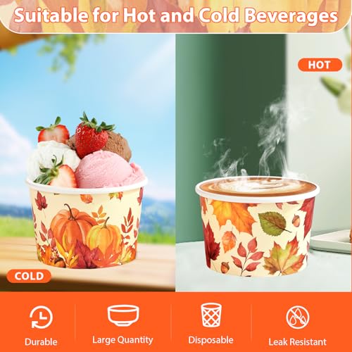 120 PCS Fall Paper Cups 12 oz Maple Leaves Pumpkin Snack Bowls Disposable Autumn Thanksgiving Dessert Cups for Fall Thanksgiving Halloween Harvest Party Snacks Candies Party Supplies (12 Count)