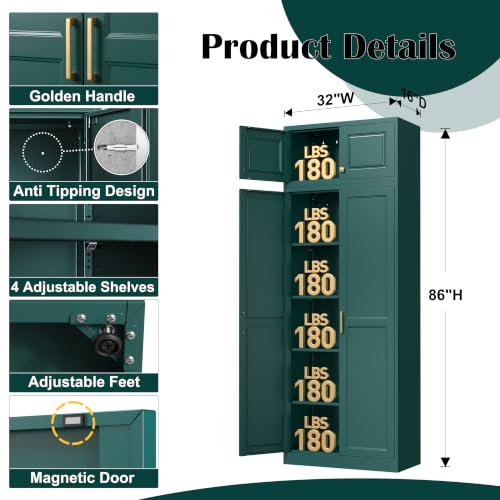 86"Metal Pantry Storage Cabinet with Doors & 4 Adjustable Shelves
