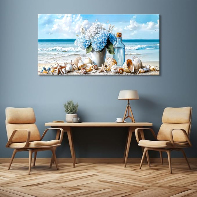 Romantic Beach Wall Art for Living Room Blue Shells Conch Vase Canvas Prints Modern Large Flower Bottle Bedroom Ocean Artwork Decor