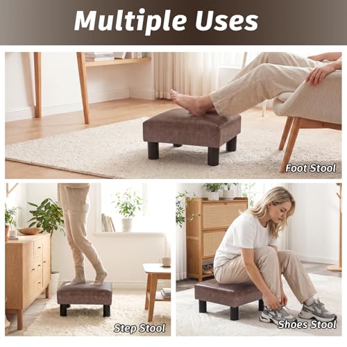 Small Footstool Ottoman Upholstered PU Leather Square Footrest Ottomans Small Foot Rest for Desk Couch Living Room Bedroom Office
