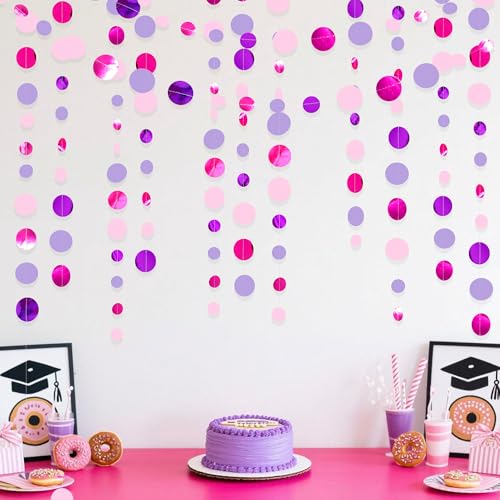 Pink and Purple Party Decorations Circle Dots Garland Hot Pink Lavender Hanging Polka Dot Streamer for Birthday Bridal Shower Wedding Bachelorette Anniversary Party Supplies