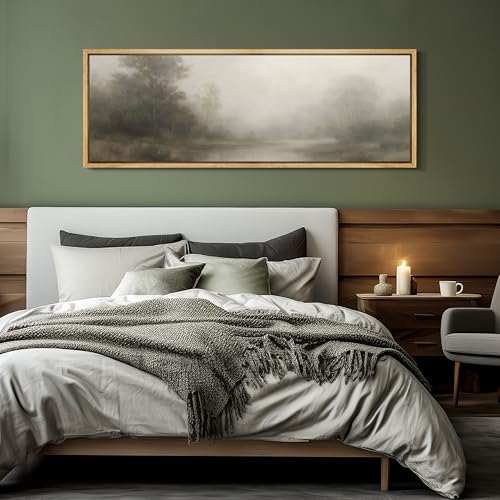 Large Framed Canvas Print Wall Art Misty Forest River Landscape Neutral Tones Nature Illustrations Decorative Colorful for Bedroom