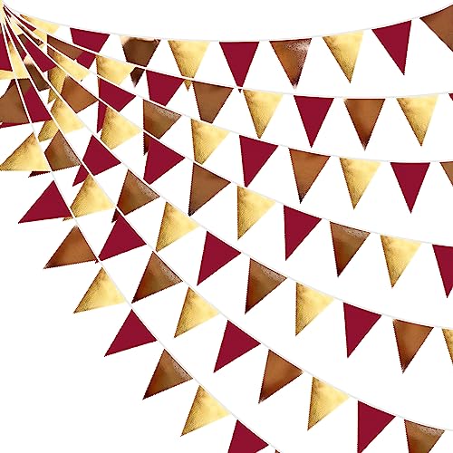 Fall Party Decorations Maroon Gold Brown Metallic Fabric Triangle Pennant Banner Burgundy Flag Bunting Garland for Autumn Thanksgiving Wedding Birthday Bridal Shower Engagement Graduation Garnet Party (36 Count)
