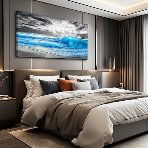 Large Canvas Blue Sea Wave Ocean Painting Wall Decor 30x60 In
