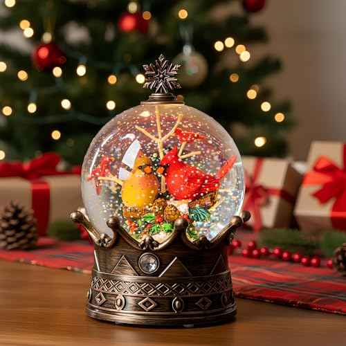 Christmas Snow Globe Lantern Water Glittering Cardinal Crown with Music