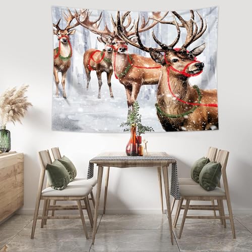 Winter Tapestry Wall Hanging Winter Forest Backdrop Christmas Snowy Deer Wall Decor Snow Elk Tapestries for Bedroom Living Room Dorm Party Decoration