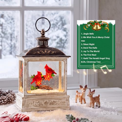 Christmas Snow Globe Water Glittering Cardinal Scene with Music & Timer