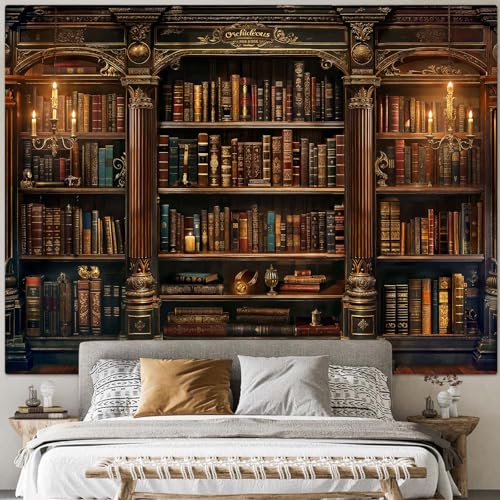 Vintage Bookshelf Tapestry Medieval Art Book Tapestries Wall Hanging Gothic Dark Academia Retro Library Backdrop Tapestry for Bedroom Living Room Dorm Study Classroom 60 × 44 inch