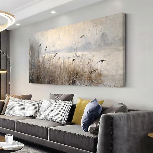 Vintage Meadow Wall Art for Living Room Reed Grass Canvas Painting Prints Large Retro Rustic Cottagecore Countryside Landscape Farmhouse Bedroom Artwork Home Decor