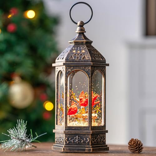 Christmas Snow Globe Lantern Water Glittering 10.5'' Cardinal with Music& Timer
