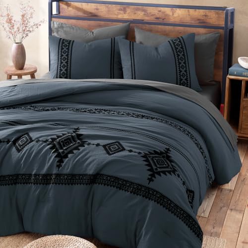 Embroidery Queen Comforter Set 7 Pieces Blue Grey Bed in a Bag