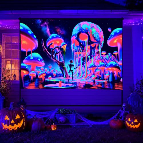 Blacklight Tapestry Skull Mushroom Neon Decor 78 x 59 Inch