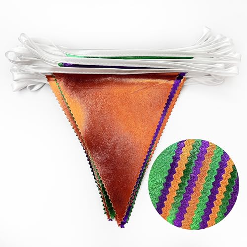 Halloween Party Decorations Metallic Fabric Green Orange Purple Triangle Pennant Banner Flag Bunting for Trick or Treat Spooky Hey Boo Happy Halloween Holiday Birthday Baby Shower Party Supplies (36 Count)