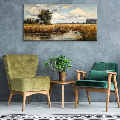 Beautiful Wilderness Meadow Canvas Wall Art Oil Painting Reproduction Print Vintage Wildflower Field Scenery Countryside Landscape Tree Rustic Retro Decor Artwork Country Farmhouse Living Room 58x28 Inches