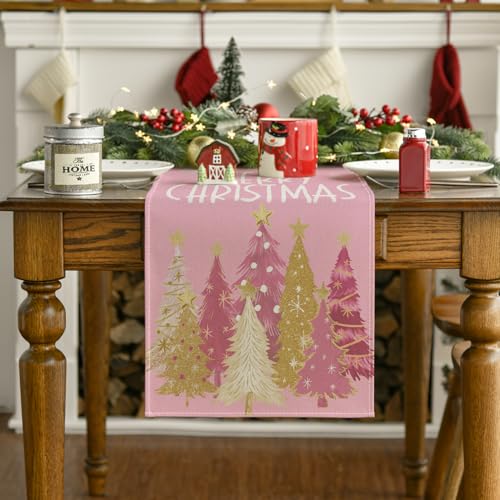 Pink Xmas Trees Table Runner Home Party Decor 13x108 Inch