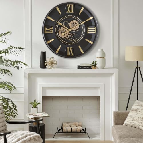 Mid Century Modern Black Gold 24 Inch Wall Clock with Moving Gears