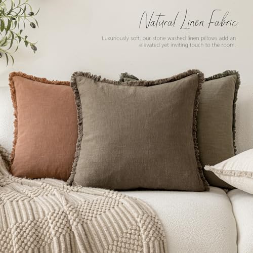 Decorative Linen Fringe Throw Pillow Covers 18×18 Light Brown (2 Count)
