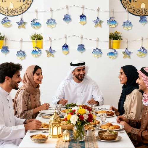 36PCS Wooden Ramadan Decorations Eid Islam Mubarak Ornaments Mubarak Hanging Hollow Pendant to Paint (36 Count)