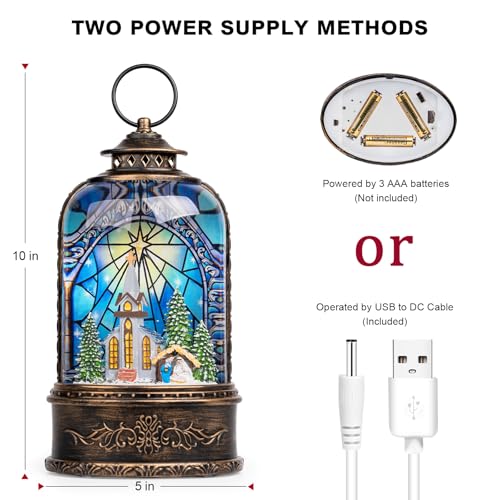 Christmas Snow Globe Lantern Water Glittering Churches & Holy Family with Music& Timer