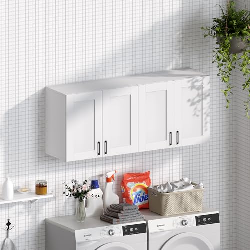 White Laundry Room Cabinets and Storage with 4 Doors and Utility Adjustable Shelf