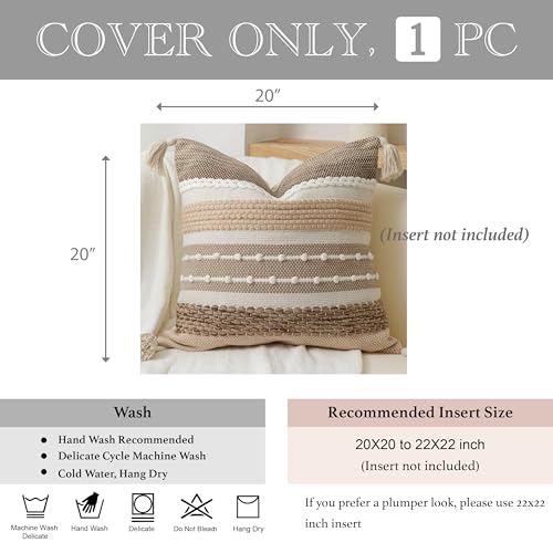 Brown Decorative Throw Pillow Cover 20x20 Square Boho Accent Pillowcase Tassels Farmhouse Cushion for Couch Sofa Bedroom Livingroom Home Décor Cover ONLY
