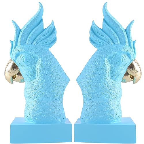 Unique Blue Parrot Decorative Bookends for Home Office Shelves Decor (2 Count)