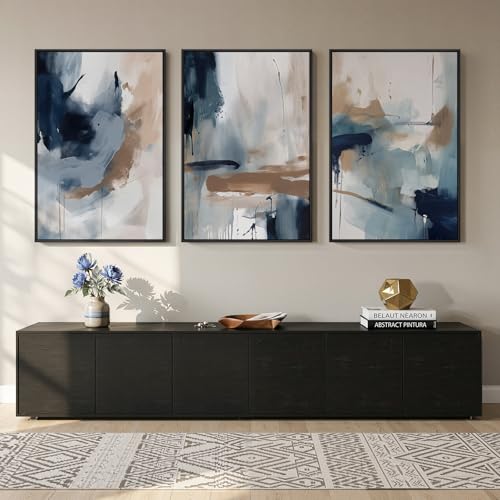 Large Framed Blue Neutral Abstract Wall Art for Living Room (3 Count)