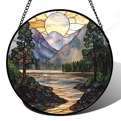 Mountain Lake Stained Glass Window Hanging Suncatcher Gifts for Women 12"