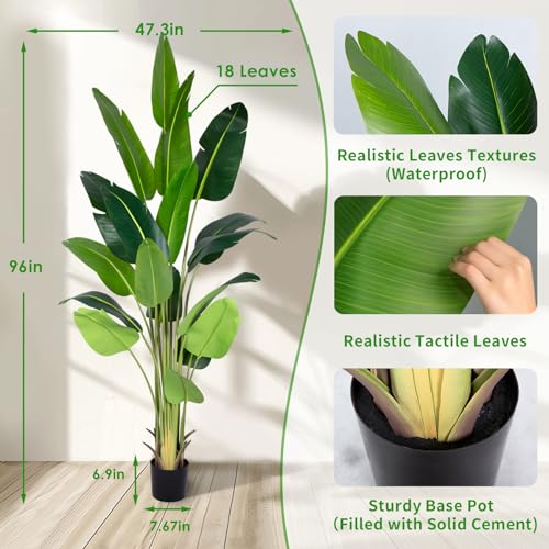 Artificial Bird of Paradise Plant 8Ft Fake Tropical Palm Tree with 18Trunks Faux Banana Leaf Trees in Pot for Home Indoor Outdoor Office Modern Decor Housewarming Gift (18 Count)