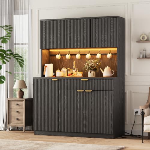 Fluted Kitchen Pantry Storage Cabinet with Charging Station & LED Lights