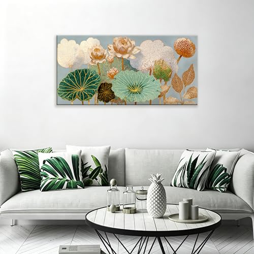 Large Canvas Wall Art Decor Modern Floral Botanical Nature Canvas Prints Gold Lotus Flower Wall Art Decor For Living Room Elegant Canvas Art Wall Decor For Bedroom Home Office Wall Decor 24"×48"