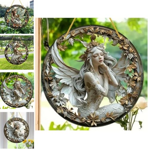 Flower Fairy Garden Decorations Angel Wing Christmas Halloween Deco Statue Art Elf Sculpture Hanging Craft for Outdoor Yard Courtyard Lawn Patio Window Acrylic Ornament Home Gift