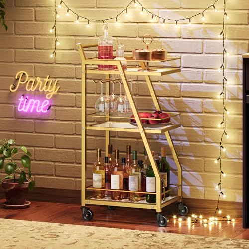 Bar Cart, 3-Tier Home Bar Serving Cart with Wheels, Drink Cart with Glass Holder, Beverage Cart, Rolling Kitchen Cart, for Home, Living Room, Transparent and Gold BC03GD