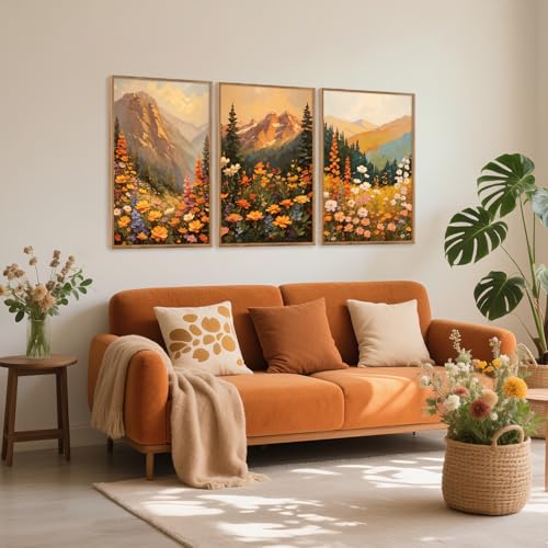 3 Pcs Mountain Wildflowers Framed Canvas Wall Art 16x24 Inch