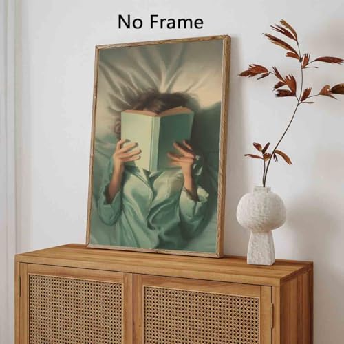 Women Reading Books Wall Art Emerald Green Pictures Modern Feminine Canvas Woman Portrait Pictures Minimalist Woman Wall Art Trendy Women Aesthetics Modern Abstract Living Room Decor 16x24in No Frame