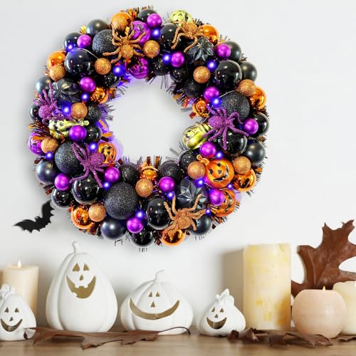 17 Inch Halloween Ball Wreath for Front Door with Lights
