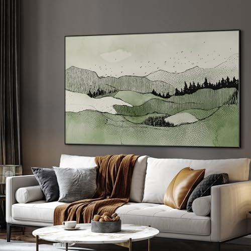 46"x72" Extra Large Framed Wall Art Green Line Art Mountain Landscape Illustration for Home Living Room Bedroom Decor