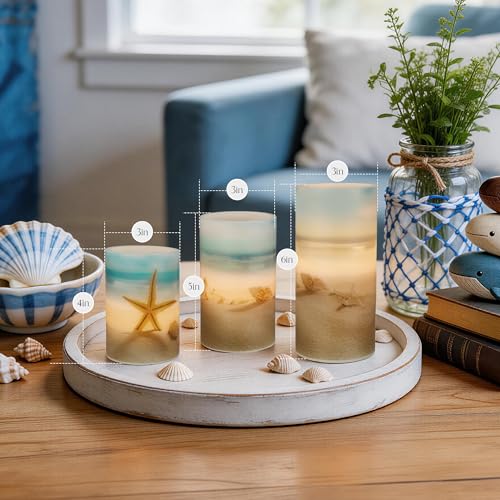 Beach Coastal Ocean Decor Seashell & Starfish Battery Flameless LED Candles (3 Count)