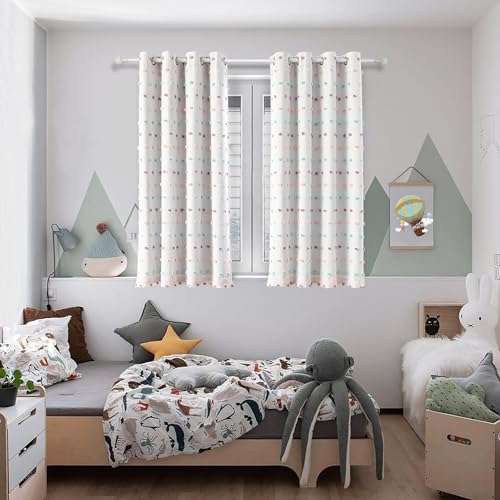 Total Blackout Curtains for Kids Bedroom Nursery Curtains 100% Light Block Doubled Curtains with Rainbow Pom Pom Sheer Window Drapes Room Darkening Grommet Set of 2 (2 Count)