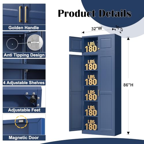 86"Metal Pantry Storage Cabinet with Doors & 4 Adjustable Shelves