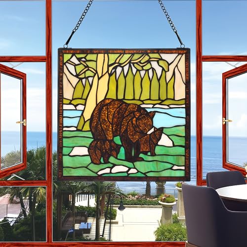 Stained Glass Window Hanging 12" Square Tiffany Animal Style Brown Bears Suncatcher Wall Decor Art Panel Includes 20" Chain and Hooks The Perfect Housewarming Gift