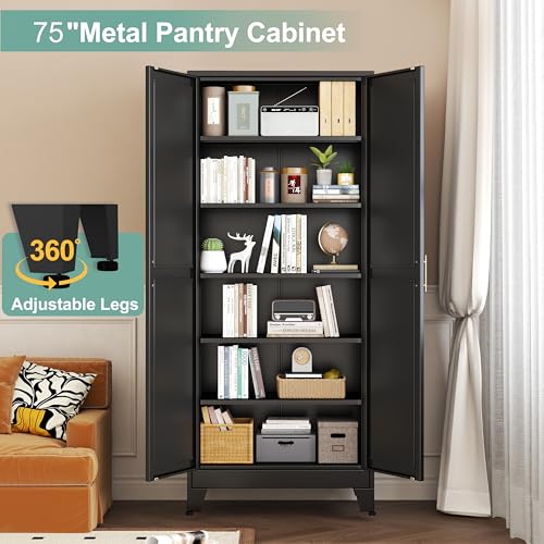 Metal Pantry Cabinet with 2 Doors and 5 Adjustable Shelves