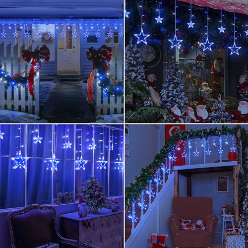 8.2FT 126L Blue White Christmas Star Icicle Curtain Lights Indoor (126 Count)