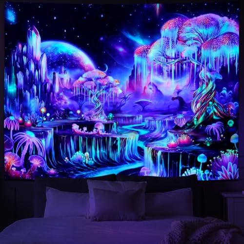 Blacklight Tapestry Fantasy Tree of Life Tapestry UV Reactive Galaxy Space Tapestries Colorful Plant Floral Mountain Landscape Tapestries Wall Hanging for Bedroom