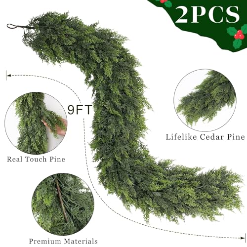 2PCS 9FT Lifelike Touch Artificial Cedar Garland for Mantle Christmas Decor