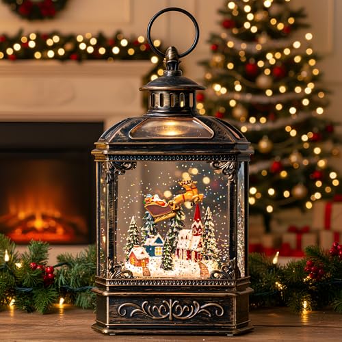 Christmas Snow Globe Swirling Glittering Lantern Santa Flying with Reindeer